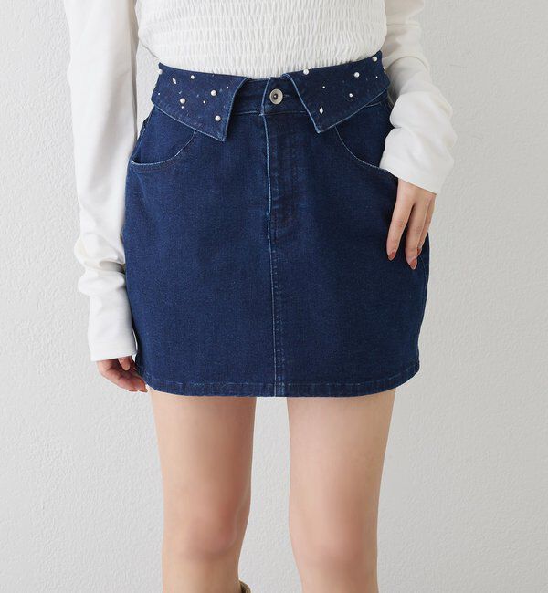  「ウェスト折り返しデニムミニスカート」|スカート|ネイビー