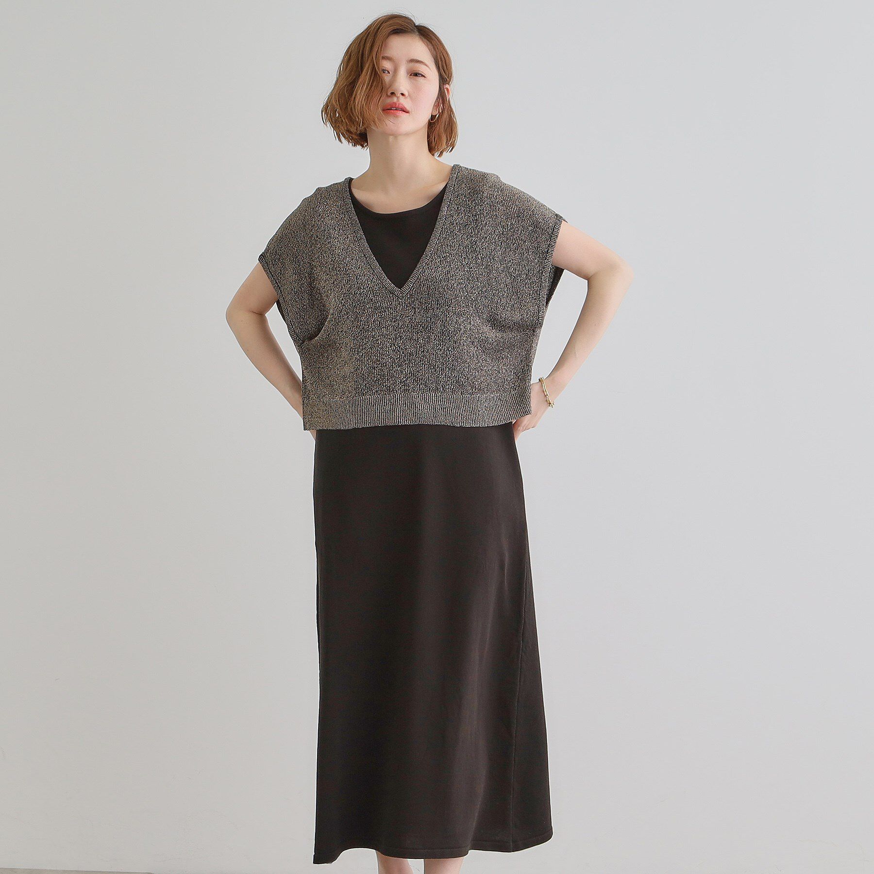 grove「ラメベスト&times;ニットワンピースSET」|ワンピース|ブラック(019)