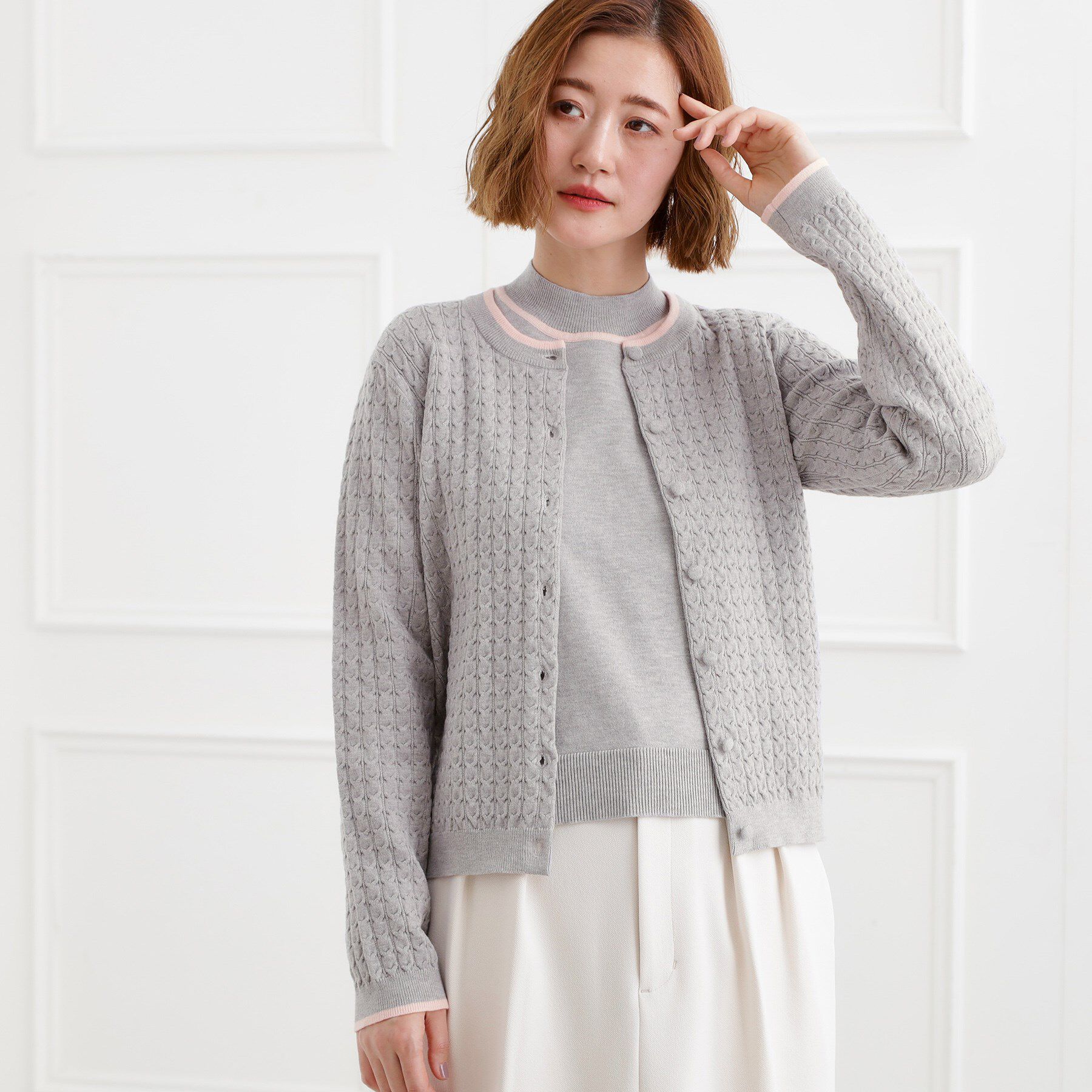 grove「ミニケーブルクルーネックカーディガン」|カーディガン|グレー(012)