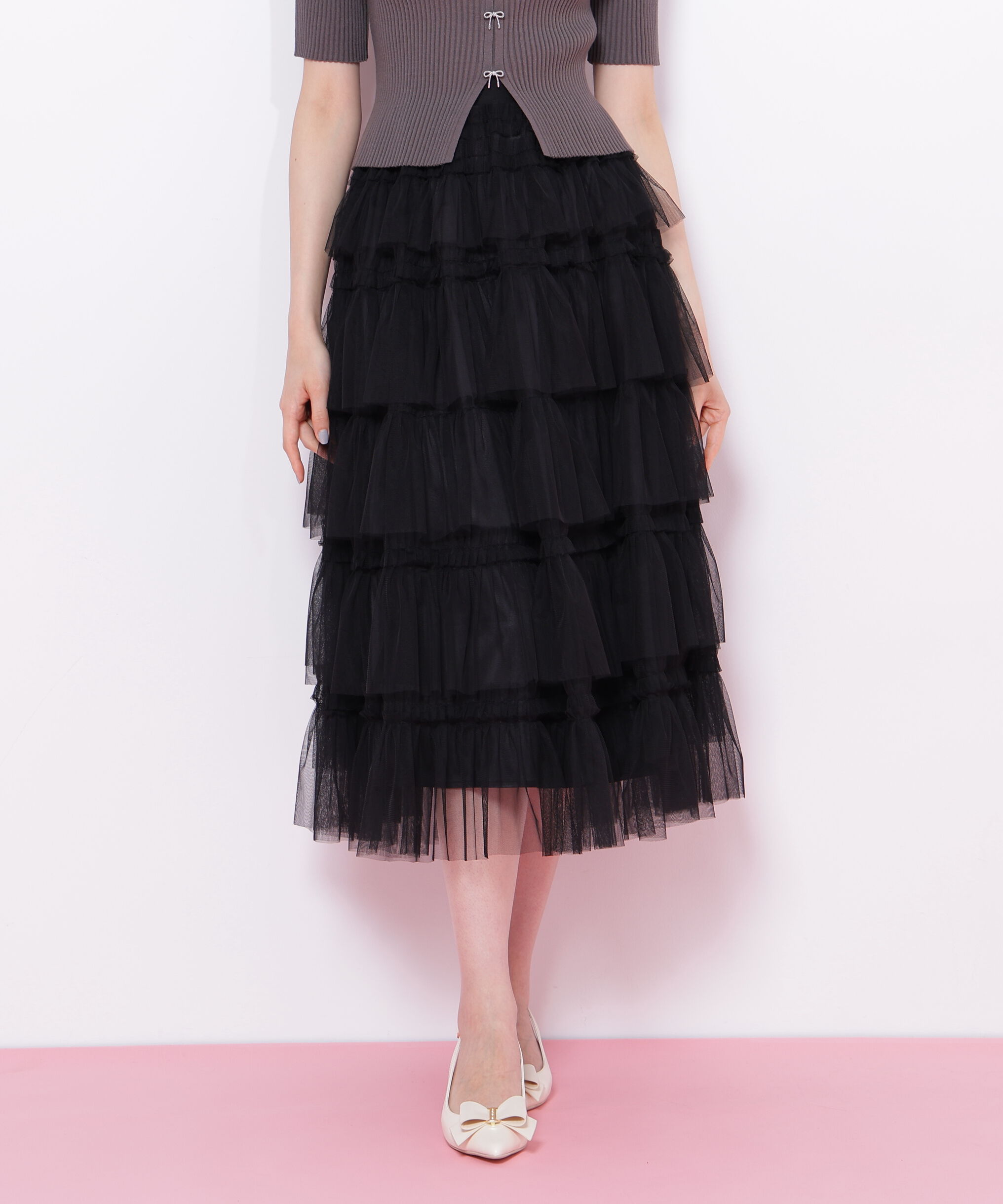 「フリルテープティアードスカート」|スカート|ブラック