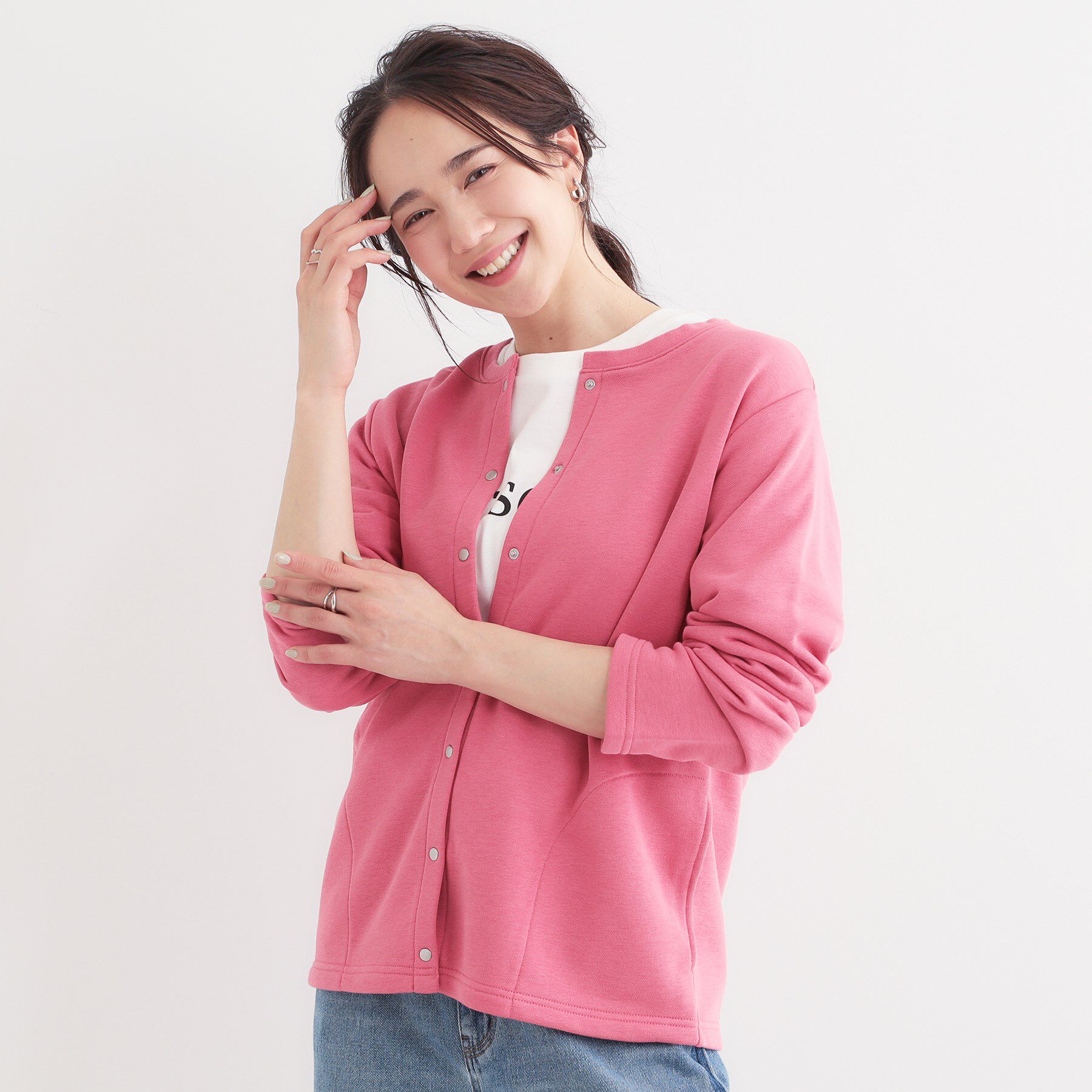 SHOO･LA･RUE「【洗える/S-LL】大人カジュアルコーデに ミニ裏毛スナップカーディガン」|カーディガン|