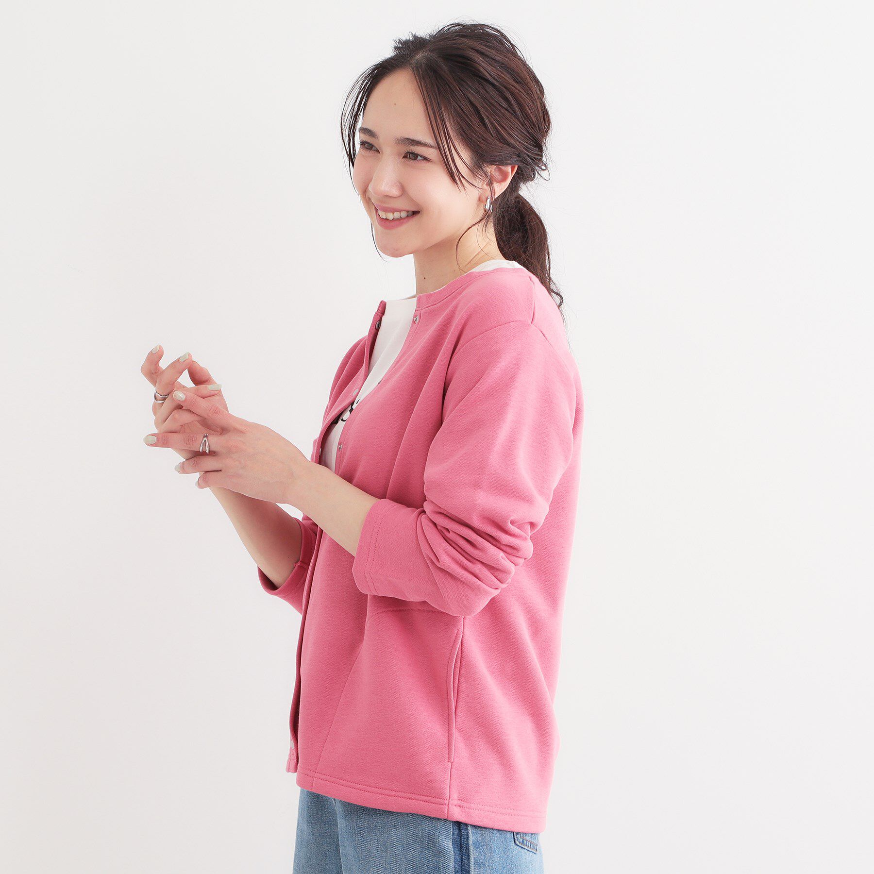 SHOO･LA･RUE「【洗える/S-LL】大人カジュアルコーデに ミニ裏毛スナップカーディガン」|カーディガン|