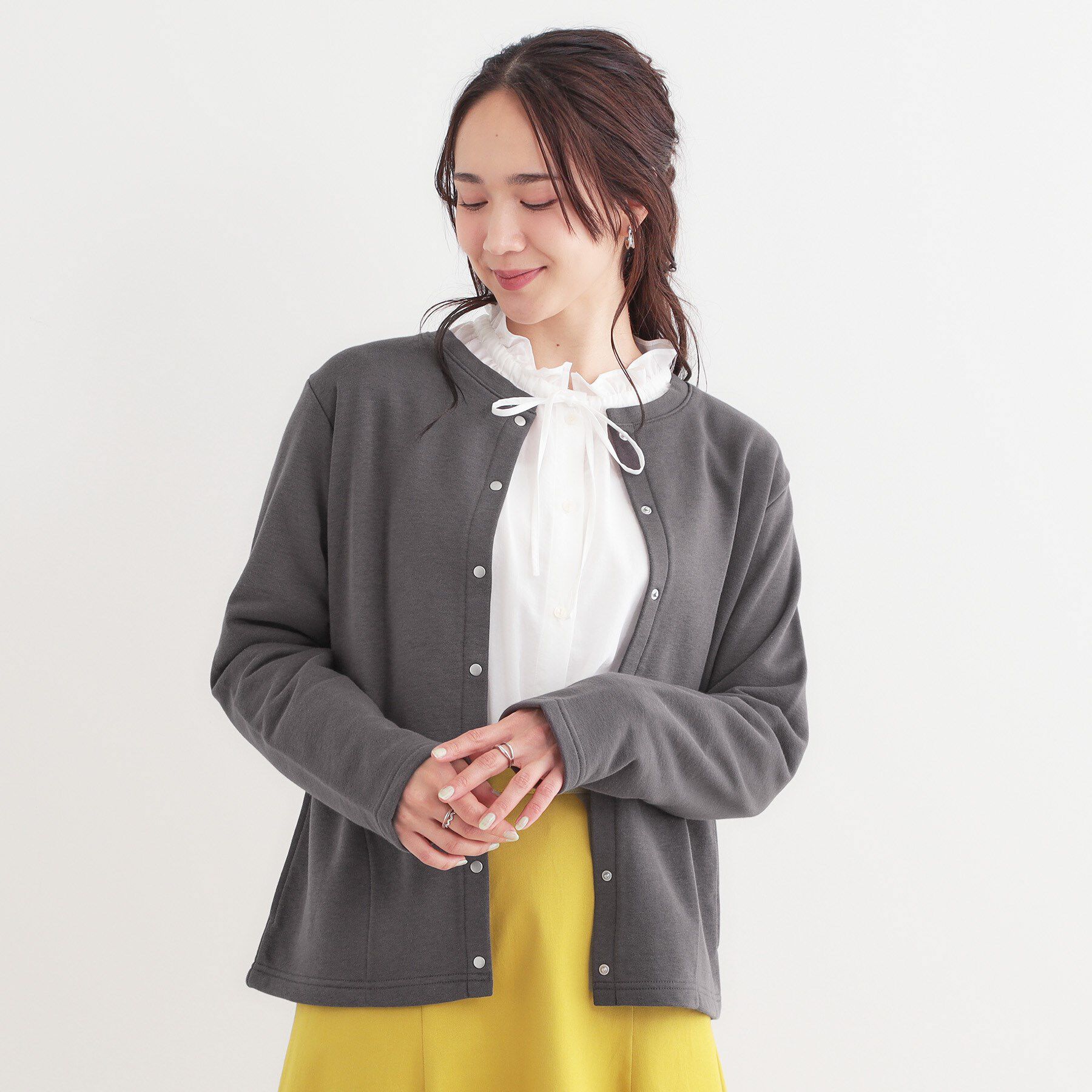 SHOO･LA･RUE「【洗える/S-LL】大人カジュアルコーデに ミニ裏毛スナップカーディガン」|カーディガン|