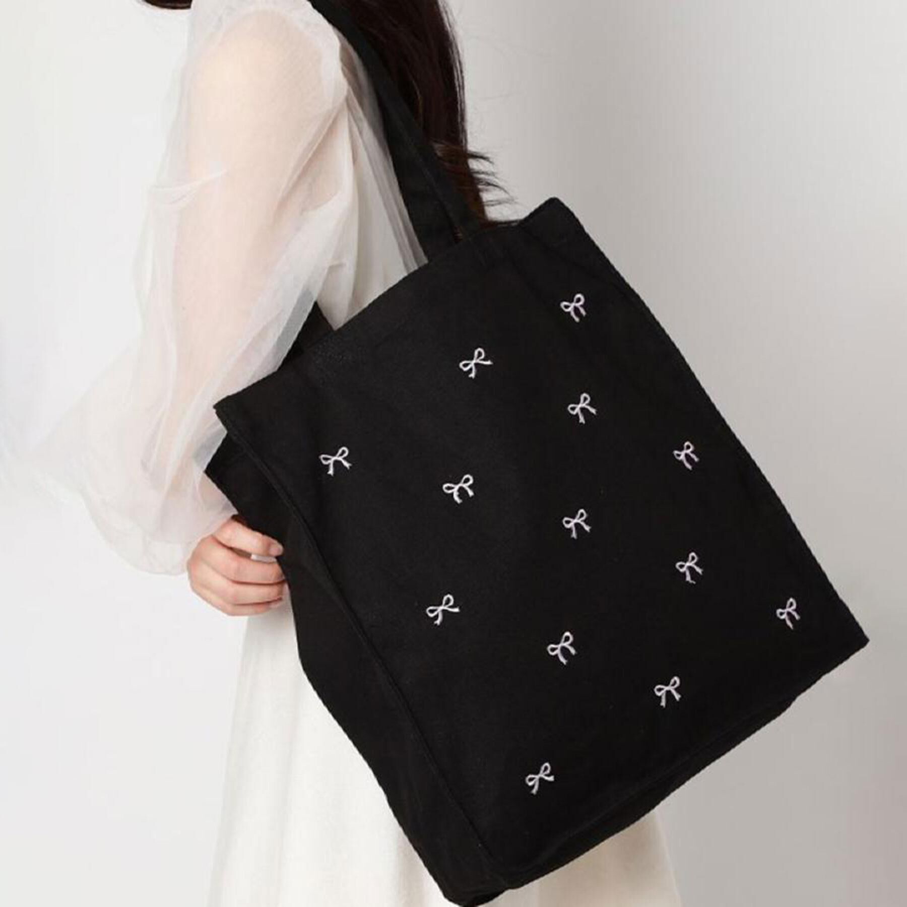 Ober Tashe「【新生活・新学期】リボン刺繍キャンバストートバッグ」|トートバッグ|ブラック(019)