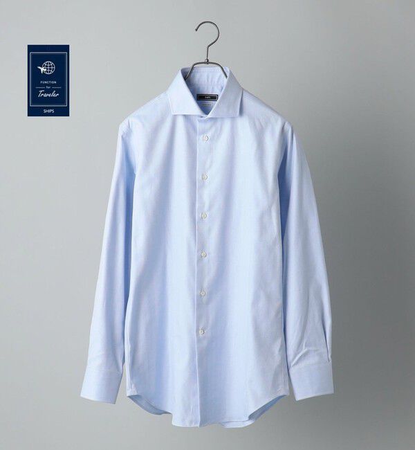 SHIPS「SHIPS: イージーアイロン ヘリンボーン 無地 ホリゾンタルカラー シャツ」|シャツ・ブラウス|スカイブルー