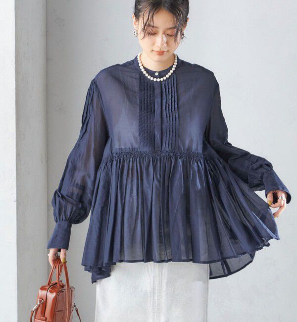 SHIPS for women「〈手洗い可能〉コットン シルク ギャザー ブラウス」|シャツ・ブラウス|ネイビー