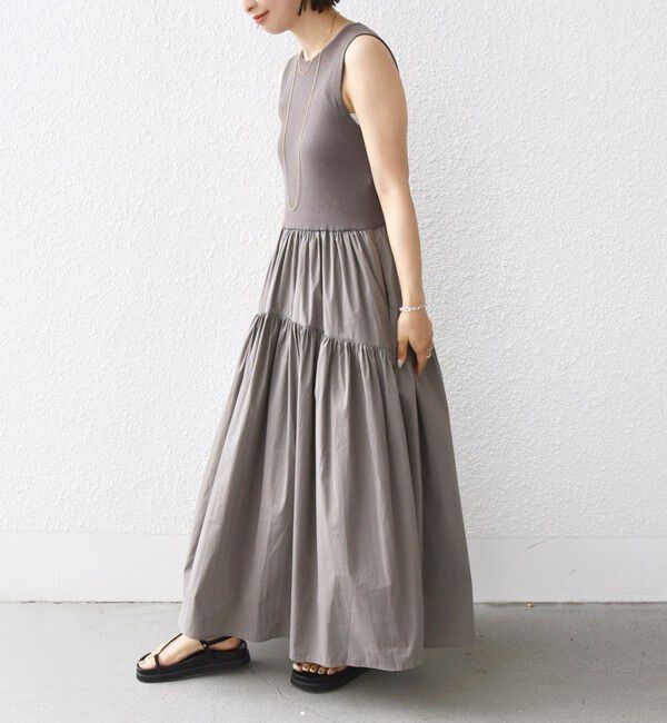 SHIPS for women「〈手洗い可能〉コットン リブ ノースリーブ &times; 布帛 スカート ワンピース」|ワンピース|