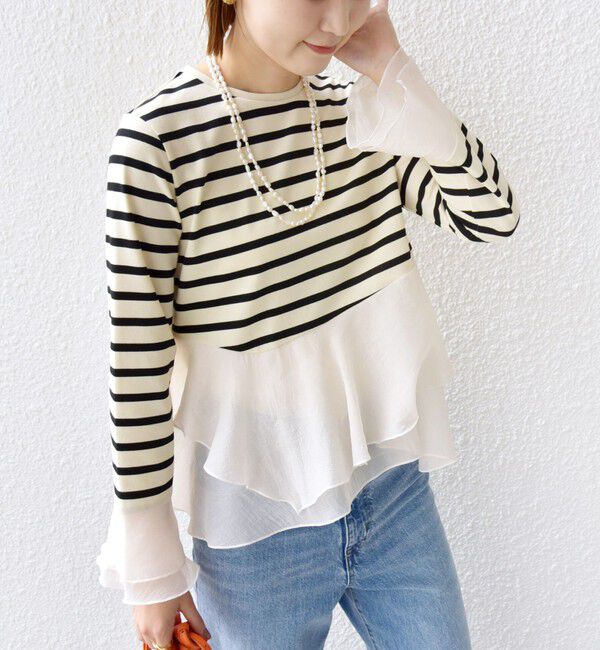 SHIPS for women「【WEB限定】〈手洗い可能〉ボーダー フリル ティアード プルオーバー」|Tシャツ・カットソー|