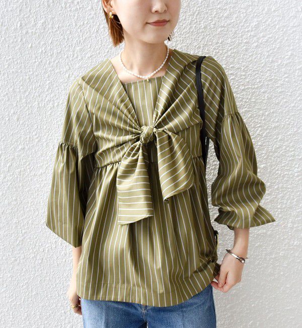 SHIPS for women「【WEB限定】〈手洗い可能〉前後 2WAY リボン デザイン ストライプ ブラウス」|シャツ・ブラウス|