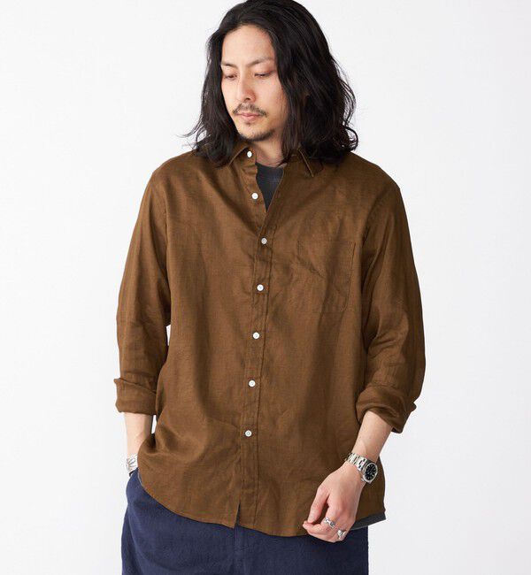SHIPS「SHIPS: フレックスリネン レギュラーカラー  ロングスリーブ シャツ」|シャツ・ブラウス|ブラウン