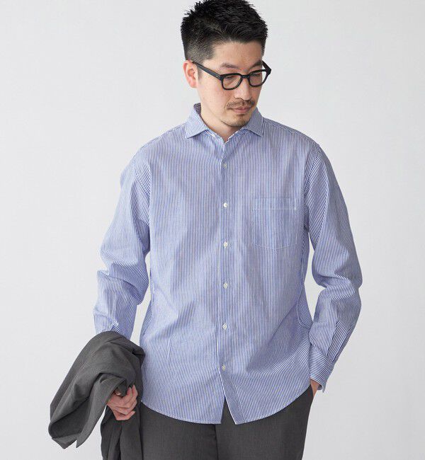 SHIPS「SHIPS: アイスコットン からみ織り セミワイドカラー シャツ」|シャツ・ブラウス|ネイビー