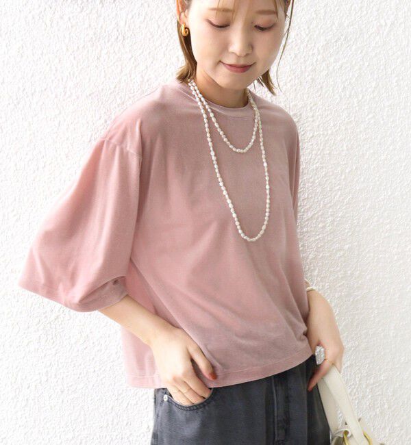 SHIPS for women「〈手洗い可能〉シアー トリコット ポリエステル ベロア 五分袖 ワイド TEE」|Tシャツ・カットソー|
