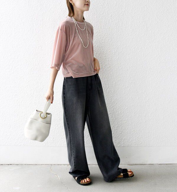 SHIPS for women「〈手洗い可能〉シアー トリコット ポリエステル ベロア 五分袖 ワイド TEE」|Tシャツ・カットソー|