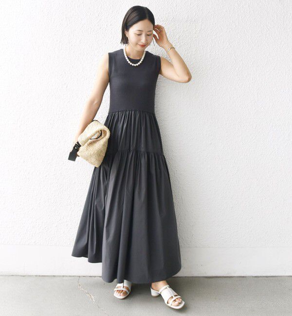 SHIPS for women「〈手洗い可能〉コットン リブ ノースリーブ &times; 布帛 スカート ワンピース」|ワンピース|