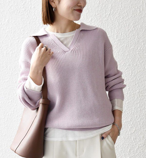 SHIPS any「SHIPS any:〈手洗い可能〉コットン ミックス スキッパー ポロ ニット プルオーバー」|ニット・セーター|ラベンダー