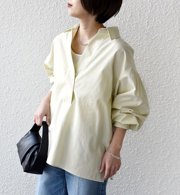 SHIPS for women「〈手洗い可能〉無地 / ストライプ サイド スリット スキッパー コットン シャツ」|シャツ・ブラウス|ライトグリーン