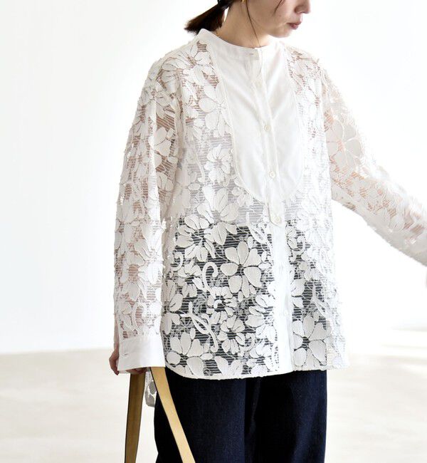 quaranciel「《予約》quaranciel:〈手洗い可能〉デニム フラワー レース バンドカラー シャツ」|シャツ・ブラウス|