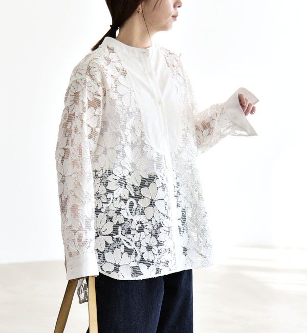 quaranciel「《予約》quaranciel:〈手洗い可能〉デニム フラワー レース バンドカラー シャツ」|シャツ・ブラウス|