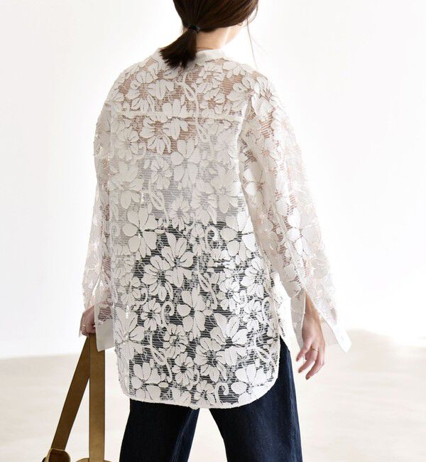 quaranciel「《予約》quaranciel:〈手洗い可能〉デニム フラワー レース バンドカラー シャツ」|シャツ・ブラウス|