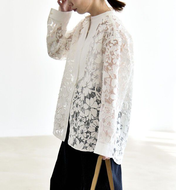 quaranciel「《予約》quaranciel:〈手洗い可能〉デニム フラワー レース バンドカラー シャツ」|シャツ・ブラウス|