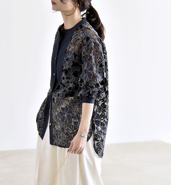 quaranciel「《予約》quaranciel:〈手洗い可能〉デニム フラワー レース バンドカラー シャツ」|シャツ・ブラウス|