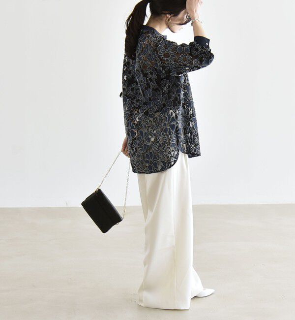 quaranciel「《予約》quaranciel:〈手洗い可能〉デニム フラワー レース バンドカラー シャツ」|シャツ・ブラウス|