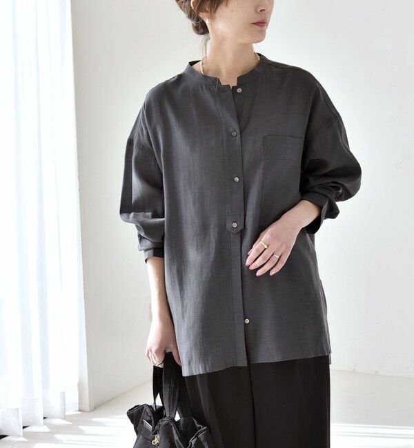 quaranciel「《予約》quaranciel:〈洗濯機可能〉リネン ミックス バンドカラー ポケット シャツ」|シャツ・ブラウス|