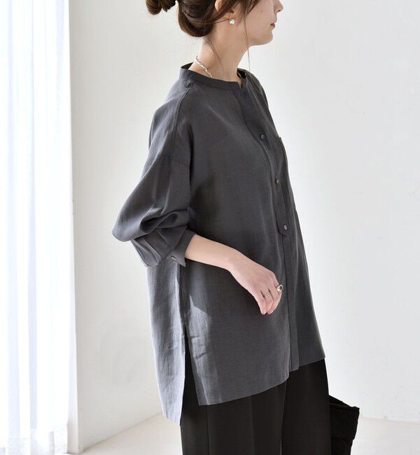 quaranciel「《予約》quaranciel:〈洗濯機可能〉リネン ミックス バンドカラー ポケット シャツ」|シャツ・ブラウス|