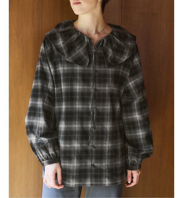 IENA「《追加2》BLACK フリルチェックブラウス」|シャツ・ブラウス|