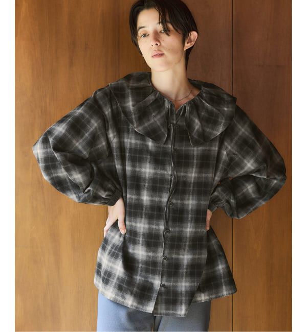 IENA「《追加2》BLACK フリルチェックブラウス」|シャツ・ブラウス|