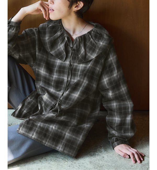 IENA「《追加2》BLACK フリルチェックブラウス」|シャツ・ブラウス|