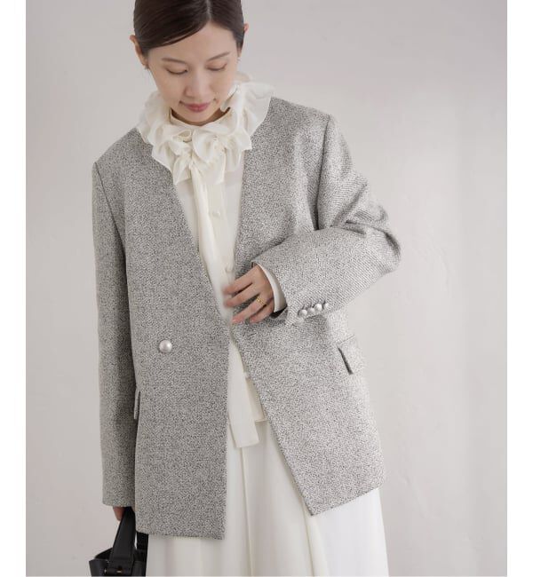 IENA「&NAVY ツィーディーダブルジャケット」|ノーカラージャケット|ベージュ