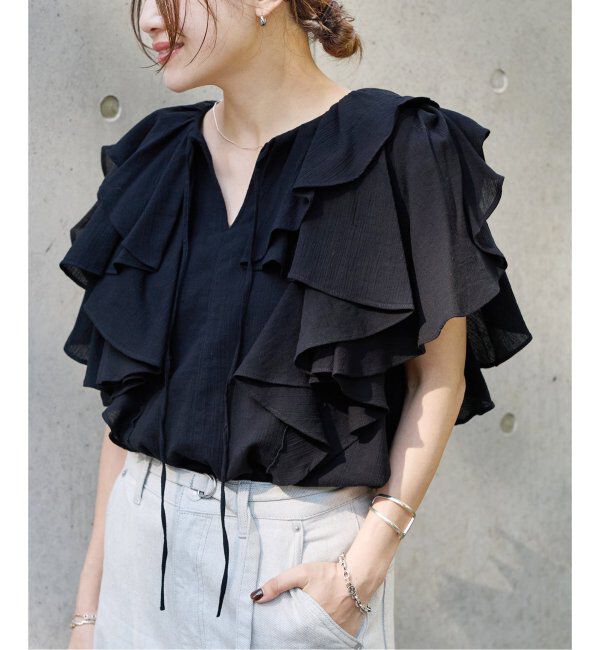 JOURNAL STANDARD「ラッフルカラーコットンボイルブラウス」|シャツ・ブラウス|ブラック