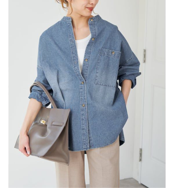 Spick and Span「《追加》バンドカラーボックスダンガリーシャツ」|シャツ・ブラウス|