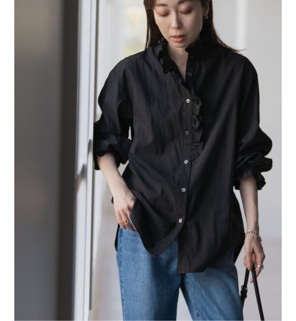 NOBLE「シルキーコットンフリルディテールブラウス」|シャツ・ブラウス|ブラック