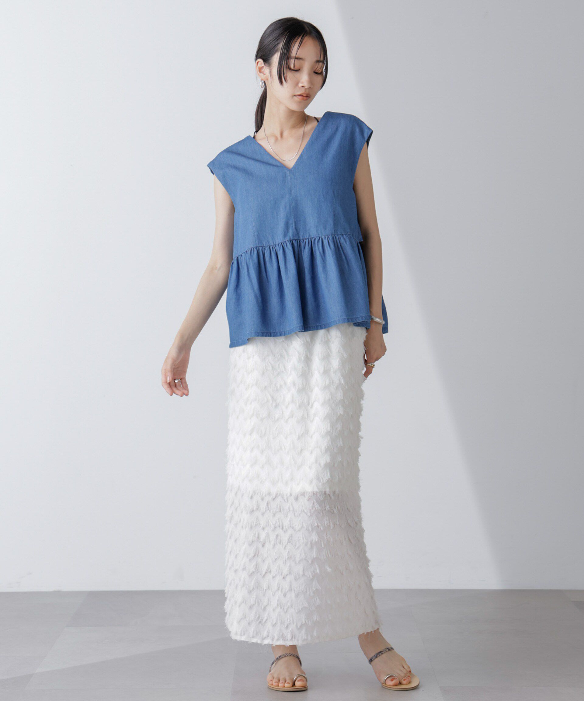 nano･universe「バックリボンノースリーブデニムブラウス(セットアップ可)」|シャツ・ブラウス|