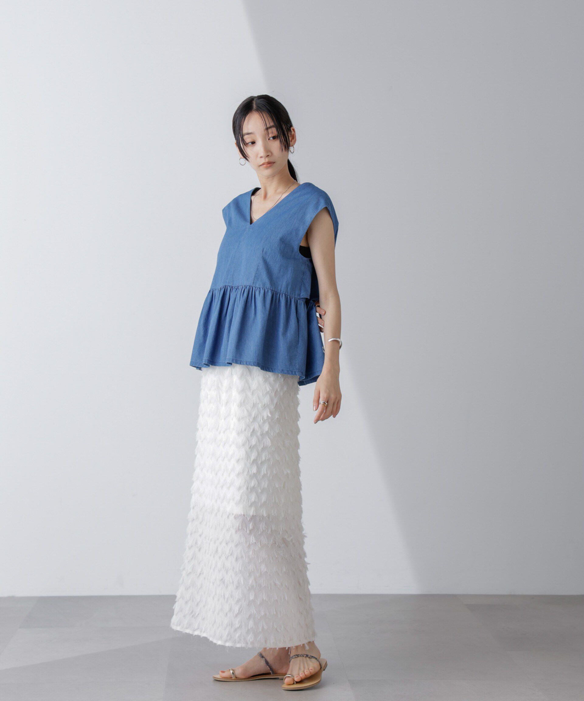 nano･universe「バックリボンノースリーブデニムブラウス(セットアップ可)」|シャツ・ブラウス|