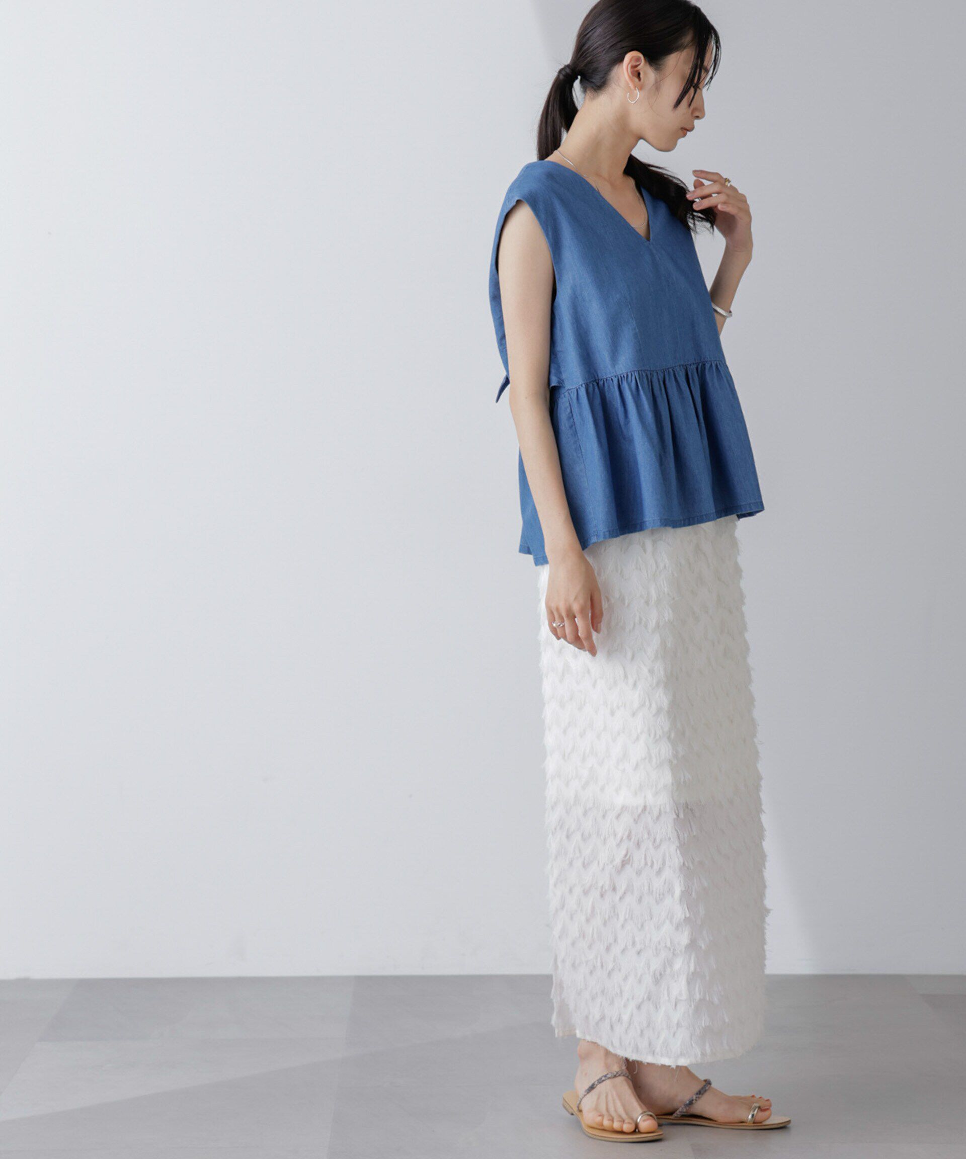 nano･universe「バックリボンノースリーブデニムブラウス(セットアップ可)」|シャツ・ブラウス|