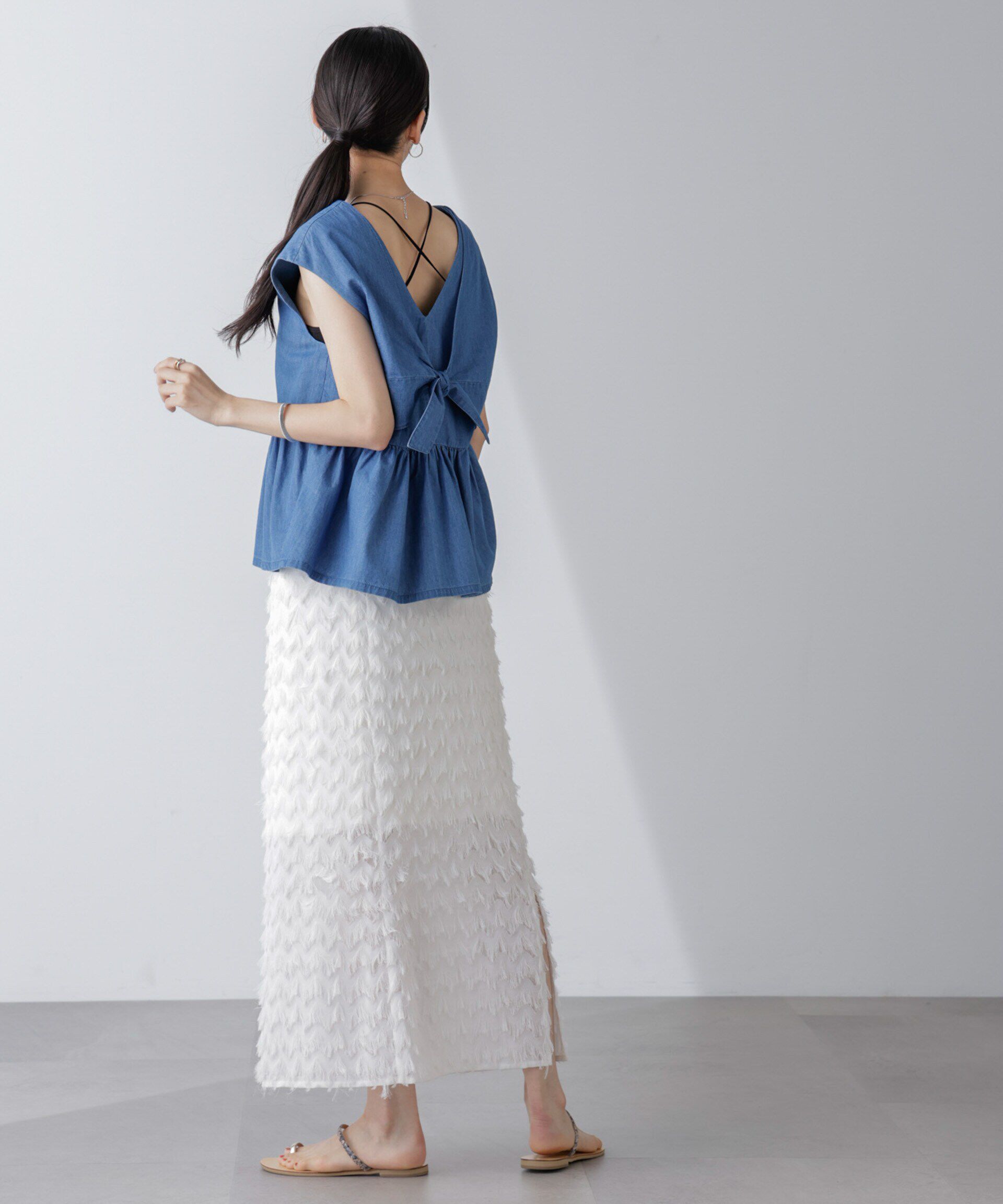 nano･universe「バックリボンノースリーブデニムブラウス(セットアップ可)」|シャツ・ブラウス|