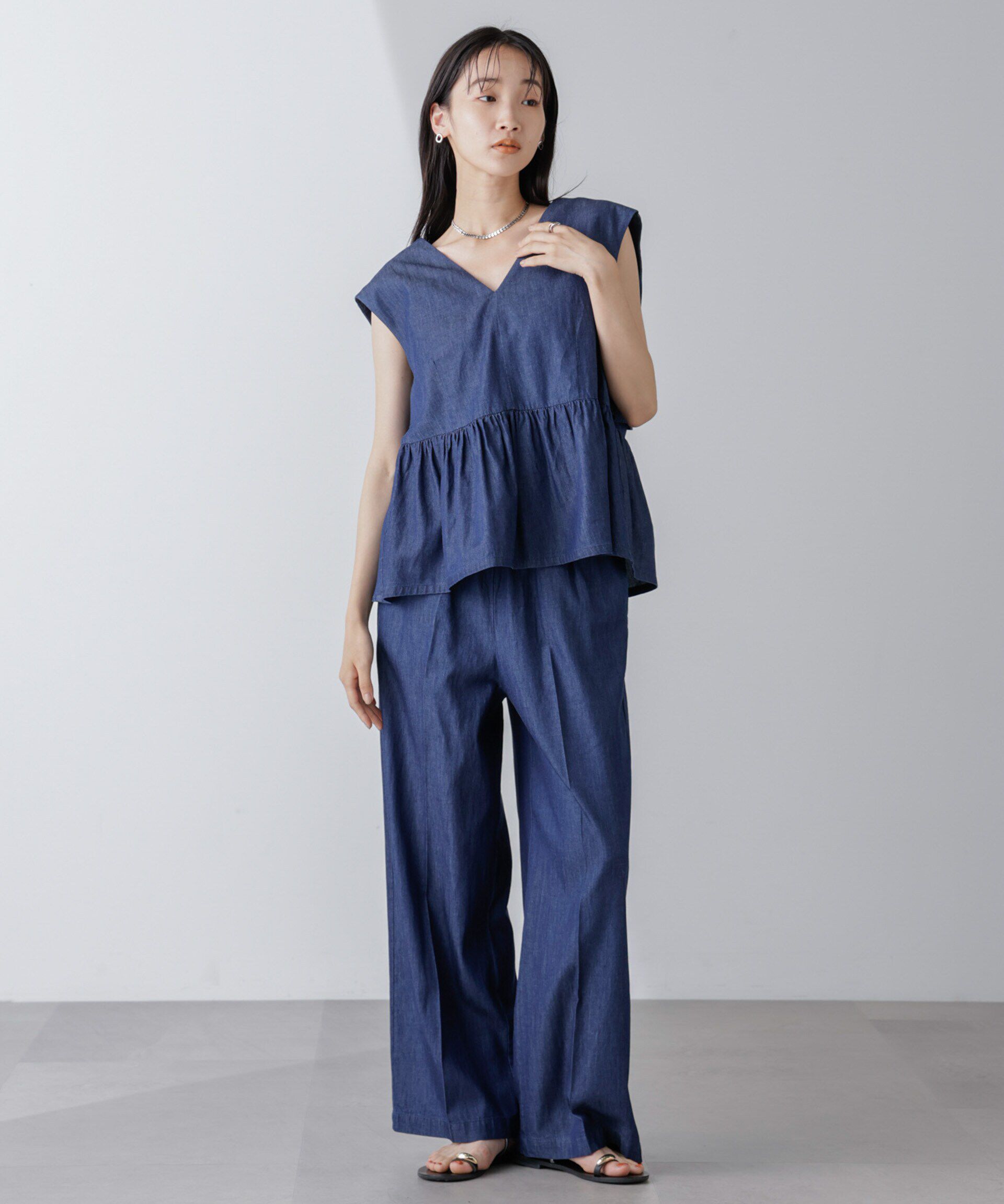 nano･universe「バックリボンノースリーブデニムブラウス(セットアップ可)」|シャツ・ブラウス|