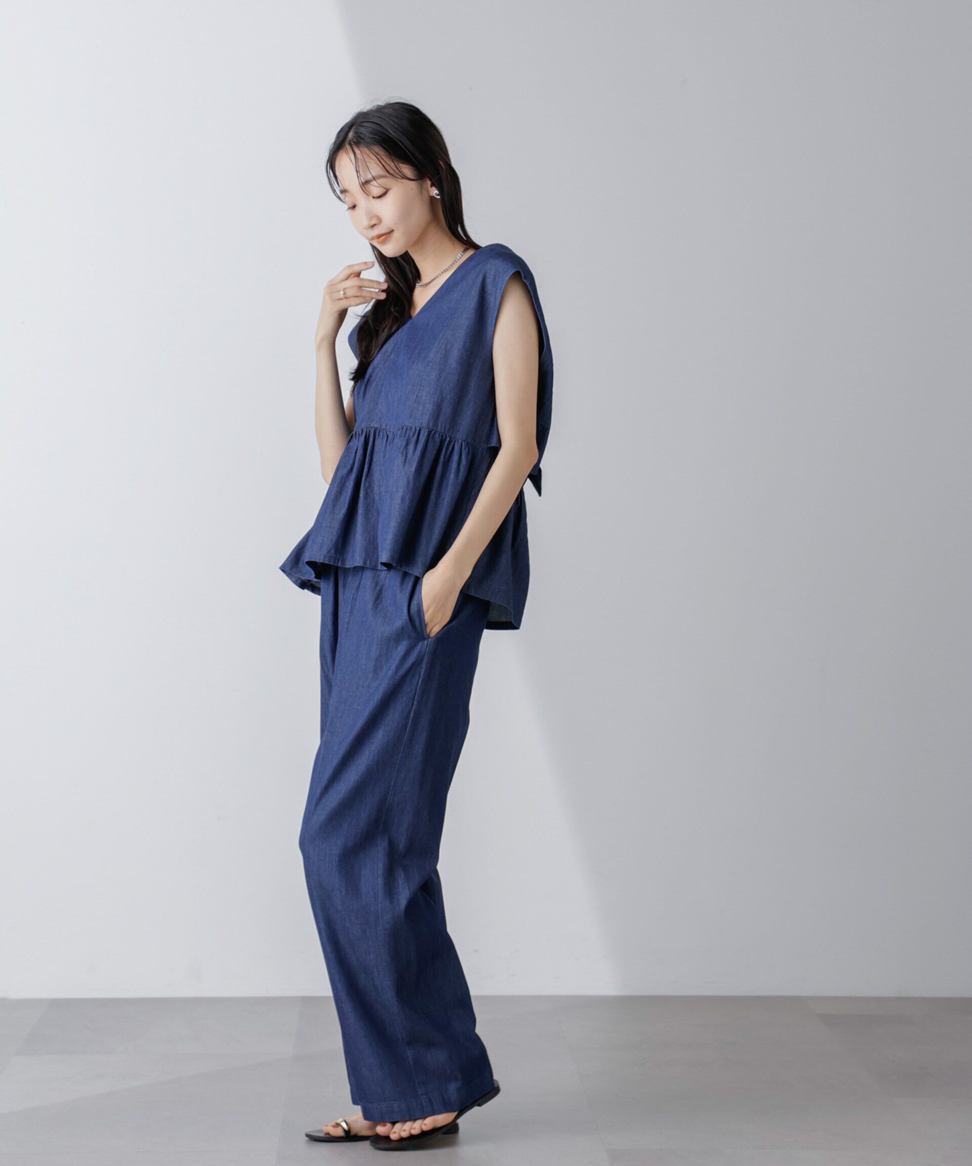 nano･universe「バックリボンノースリーブデニムブラウス(セットアップ可)」|シャツ・ブラウス|