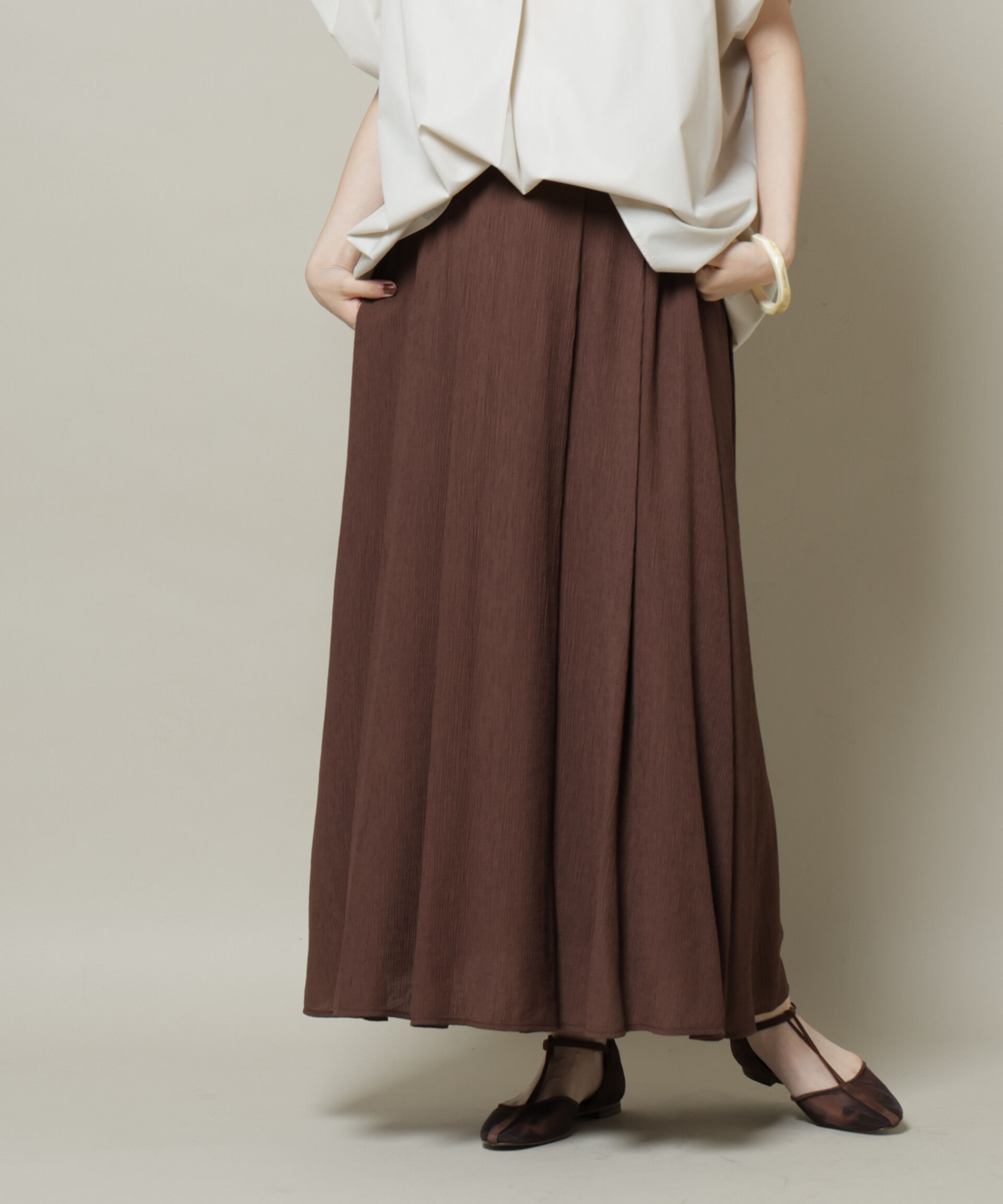 nano･universe「楊柳タックフレアスカート」|スカート|ブラウン