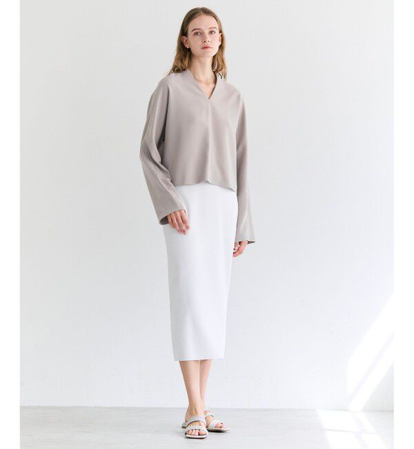 BEIGE,「RUE / ドライタッチVネック配色ステッチブラウス」|シャツ・ブラウス|