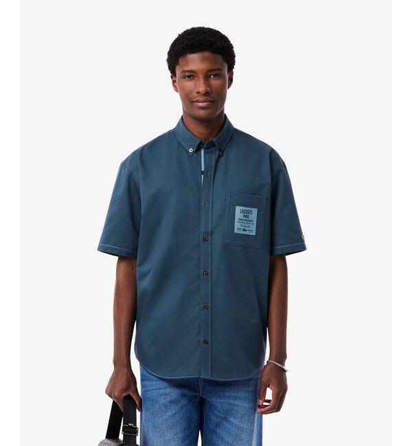LACOSTE「シルクブレンドネームパッチボタンダウンシャツ」|シャツ・ブラウス|グレイッシュブルー