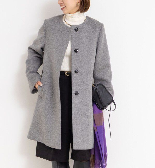 NOLLEY'S「ブローチ付きAラインノーカラーコート」|ノーカラーコート|