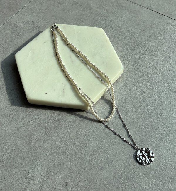  「パール&times;メタルプレートレイヤードネックレス」|ネックレス|シルバー