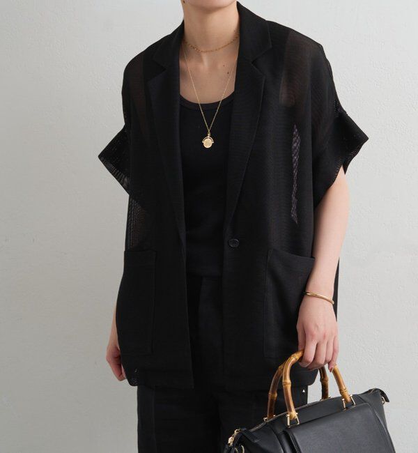  「半袖メッシュジャケット」|テーラードジャケット|ブラック