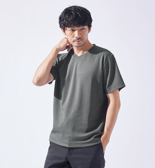 ABAHOUSE「【チェック柄】ジャガード Vネック 半袖 Tシャツ」|Tシャツ・カットソー|チャコールグレー