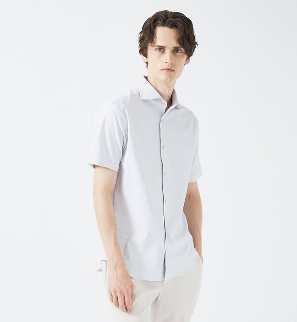 ABAHOUSE「【FLEX】ナロウストライプ 半袖シャツ/ジャージシャツ」|シャツ・ブラウス|ライトグレー