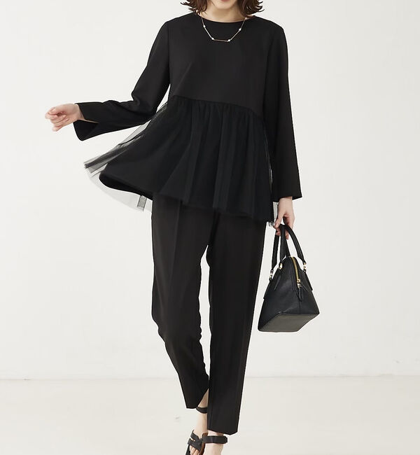 abahouse mavie「【エニデイカセット】チュールブラウス＆テーパードパンツ」|シャツ・ブラウス|ブラック